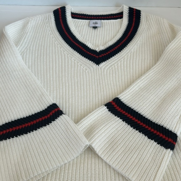 Cabi Ace pullover cream knit vneck sweater bell sleeve red blue stripe side slit - Picture 16 of 16